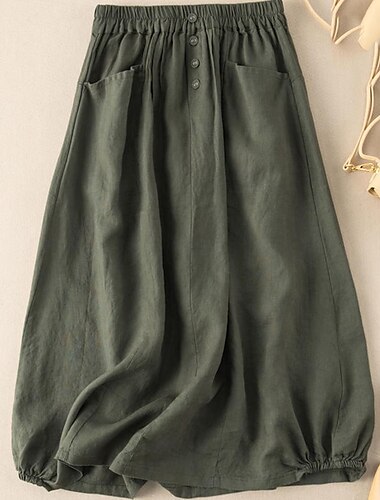  Damen Rock A-Linie Basic Brautkleider schlicht Midi Hoher Taillenbund Röcke Einfarbig Tasche Casual Wochenende Schwarz Armeegrün Marineblau Khaki Sommer Baumwolle und Leinen
