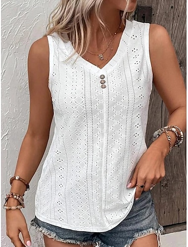  Tank Eyelet top Women's Black White Yellow Solid Color Button Street Daily Fashion V Neck S
