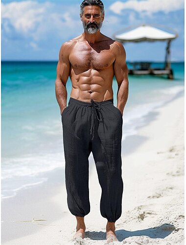  100% Leinen Herren Leinenhose Hose Hosen Sommerhosen Kordelzug Elastische Taille Elastischer Ärmelbund Glatt Atmungsaktiv Komfortabel Täglich Urlaub Ausgehen Klassisch Brautkleider schlicht Schwarz
