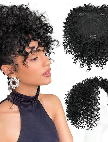  Afro crépus bouclés cheveux courts avec frange clip noir en perruques synthétiques postiches pour hommes et femmes avec cheveux clairsemés volume et style instantanés