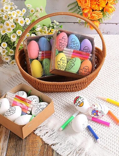  Juego de 6 huevos de Pascua pintados a mano con diseños de pollo y conejito de dibujos animados de 2024: regalo artesanal perfecto para niños