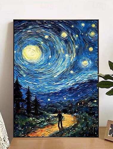  星月夜手描き壁アートゴッホアート手作り星月夜の風景ヴィンテージ油絵森の壁アート家庭用フレームなし