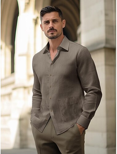  100% linnen Voorvak Voor heren linnen overhemd Overhemd Overhemd met knopen Strand hemd Zwart Bruin Grijs Lange mouw Effen Revers Lente & Herfst Buiten Dagelijks Kleding