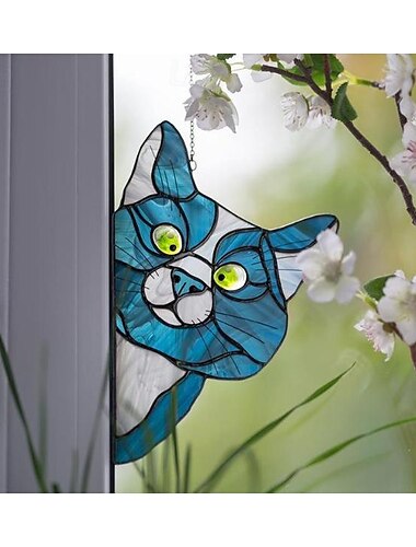  Katzen-Fensterbehang, handgefertigter Katzen-Sonnenfänger aus Buntglas, süßer Katzen-Fensterhänger aus Buntglas, spähender Sonnenfänger, Acryl-Katzen-Buntglas-Katzenfenster-Aufhänger für Katzenliebhaber