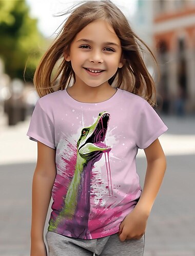  Fete 3D Floral Dinozaur Tricou Tricouri Roz Manșon scurt Tipărire 3D Vară Activ Modă Drăguţ Poliester Copii 3-12 ani Stil Nautic În aer liber Casual Zilnic Fit regulat