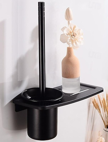  Toilettenbürstenhalter-Set aus Aluminium, bestehend aus Badezimmer-Toilettenbürste und Toilettenbürstenhalter zur Wandmontage, schwarz, 1 Set