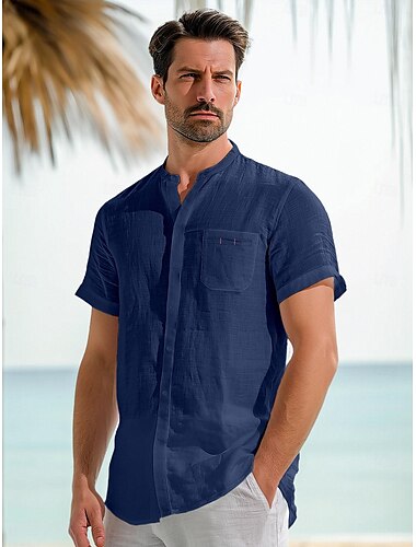  45 % Leinen Tasche Herren leinenhemd Hemd Knopfhemd Sommerhemd Weiß Dunkelmarine Blau Kurzarm Glatt Ständer Sommer Outdoor Täglich Bekleidung