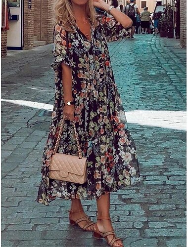  robe décontractée pour femme imprimé floral col en V robe midi vacances demi manches été