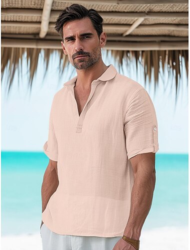 45 % Leinen Herren leinenhemd Popover-Shirt Sommerhemd Strandhemd Weiß Rosa Beige Kurzarm Glatt Kargen Sommer Outdoor Täglich Bekleidung