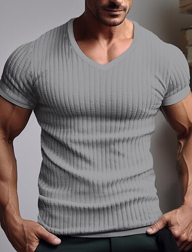  Voor heren T-shirt Spier shirt Geribbeld gebreid T-shirt Korte Mouw V-hals Zomer Effen Pitstrook Modieus Ontwerper Basic Vakantie Straat Uitgaan Zwart Wit Khaki Top T-shirt voor mannen