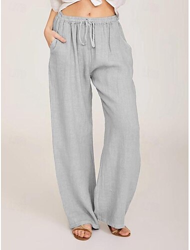  Femmes Jambe large Pantalon en coton et lin Pantalons Décontracté Quotidien Longueur complète Uni Cordon de serrage Poches Latérales in in france they say Pontalon wide leg Respirabilité Confortable