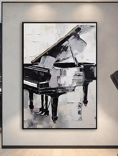  手描きキャンバス油絵抽象的な黒と白の厚いオイルナイフ絵画ピアノ家の装飾リビングルームのためのフレームなし