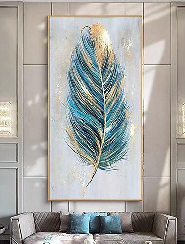  Pintura al óleo pintada a mano de lienzo de plumas de lámina dorada abstracta, decoración moderna para el hogar, sala de estar nórdica, decoración del dormitorio, imágenes, decoración de pared sin