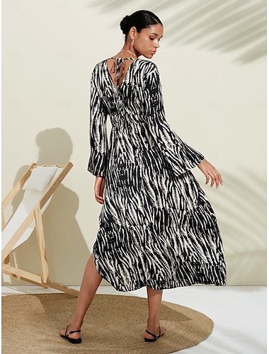  Neva Black & White Spotted Print Bubble Satin V Neck Flared Sleeve Lace up Vacation Midi Dress