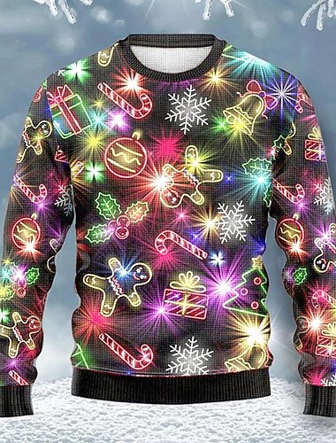  Suéter navideño feo, suéteres para hombres, suéter con copos de nieve, suéter de jengibre, suéter de punto, suéter de Nochevieja, para exteriores, uso diario, vacaciones, manga larga, cuello redondo,