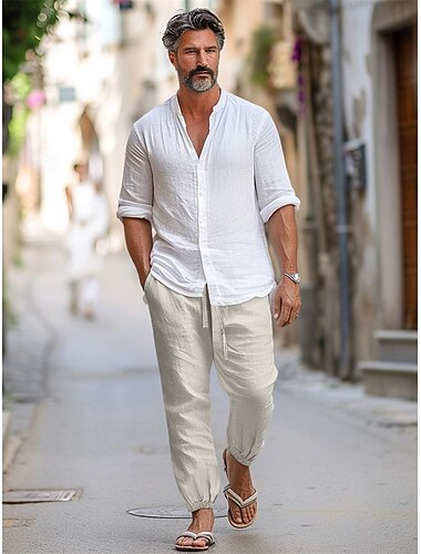  100% Leinen Herren Leinenhose Hose Hosen Sommerhosen Kordelzug Elastische Taille Elastischer Ärmelbund Glatt Atmungsaktiv Komfortabel Täglich Urlaub Ausgehen Klassisch Brautkleider schlicht Schwarz