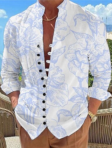  男性用 フラワー 熱帯の花 ローズ アロハシャツ プリントシャツ 長袖 シャツ スタンドカラー ハワイアン リゾート バケーション 祝日 デイリーウェア ピンク ブルー オレンジ S M L