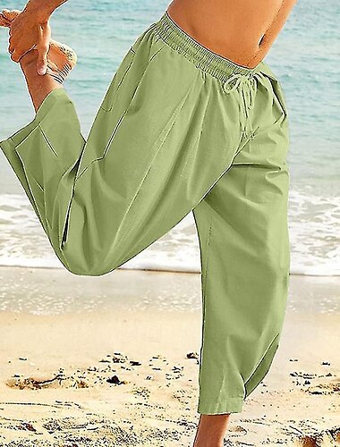  Herr Linne Byxor Långbyxor Sommarbyxor Strandbyxor Harem byxor Ficka Snörning Elastisk midja Slät Komfort Andningsfunktion Dagligen Helgdag Semester Hawaiisk Boho ArmyGreen Svart