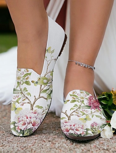 Γυναικεία Χωρίς Τακούνι Slip-Ons Μοκασίνια Παπούτσια εκτύπωσης Παπούτσια Flyknit Κλασικά Loafers Γάμου Καθημερινά Διακοπές Φλοράλ Επίπεδο Τακούνι Κομψό Διακοπές Μοντέρνα Φουσκωτό πηνίο Λευκό