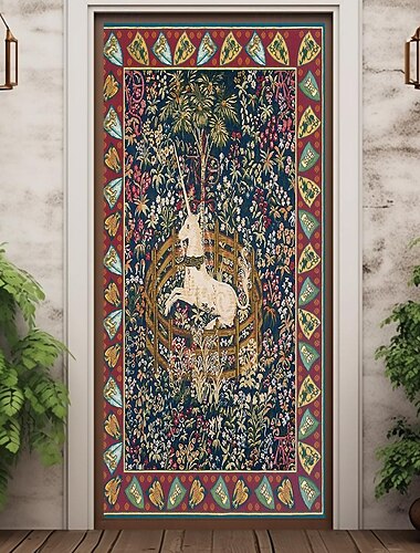  Mittelalterliche Einhorn-Türabdeckungen, Wanddekoration, Türteppich, Türvorhang, Dekoration, Hintergrund, Türbanner, abnehmbar, für Haustür, Innen- und Außenbereich, Heimdekoration,