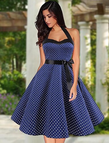  πουά ρετρό vintage φόρεμα κοκτέιλ της δεκαετίας του 1950 vintage φόρεμα φόρεμα rockabilly halter flare φόρεμα μέχρι το γόνατο γυναικείο φόρεμα επιστροφής στο σπίτι καλοκαίρι