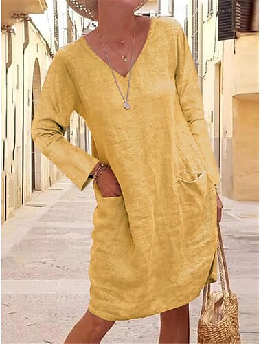  Mulheres Preto Amarelo Caqui Verão Primavera Vestido midi Vestidos inspirados em linho Vestido preto Vestido casual Básico Moderno Diário Final de semana Ajuste Largo Tecido Decote V