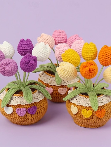  Ramo de lirio de los valles de crochet hecho a mano, plantas en macetas, flores artificiales tejidas para siempre con una maceta exquisita, regalo para amigas, mujeres y niños, perfecto para