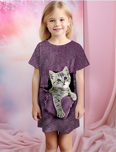  Mädchen 3D Katze Pyjamas Nachthemd Kurzarm 3D-Druck Sommer Aktiv Modisch Kuschelig kinderkleidung 3-12 Jahre Rundhalsausschnitt Heim Normal Innen Regular Fit