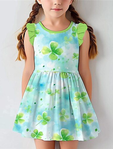  St. Patrick Mädchen' 3D Vierblättriges Kleeblatt Rüschenkleid Ärmellos 3D-Druck Sommer Täglich Festtage Brautkleider schlicht Schön kinderkleidung 3-12 Jahre Casual kleid Tank-Top Kleid Übers Knie