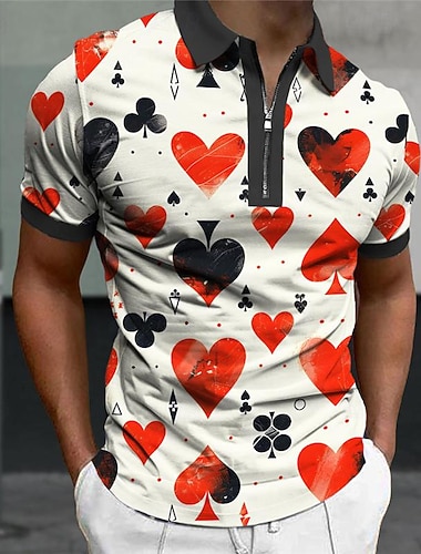  Herre Hjerte Poker Poloskjorter Zip Polo Kortermet Poloskjorter Aftæpning Glidelås Fritid utendørs Feriereise Gate Dagligdagstøy 3D Trykt mønster Sommer Rød Oransje