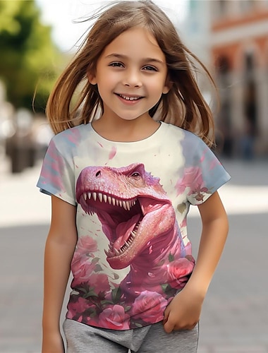  Mädchen 3D Blumen Dinosaurier T-Shirt Hemden Rosa Kurzarm 3D-Druck Sommer Aktiv Modisch Kuschelig Polyester kinderkleidung 3-12 Jahre Rundhalsausschnitt Outdoor Casual Täglich Regular Fit