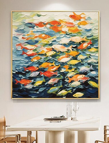  kézzel készített eredeti színes aranyhal olajfestmény vászonra falfestmény lakberendezési célra feszített kerettel/belső keret festmény nélkül