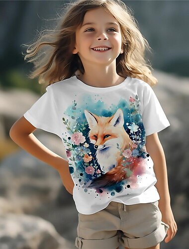  Mädchen 3D Cartoon Fuchs T-Shirt Hemden Kurzarm 3D-Druck Sommer Aktiv Mode Niedlich Kinder 3-12 Jahre Rundhalsausschnitt Outdoor Lässig Täglich Normale Passform