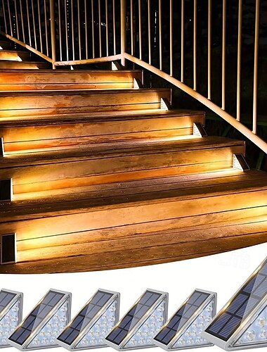  2/6 pièces lampes de marche solaires, lumières de terrasse extérieures lampes de terrasse solaires triangulaires IP67 étanches lumières de décoration automatiques pour escalier patio cour, allée, porche, porte d'entrée, trottoir, blanc chaud
