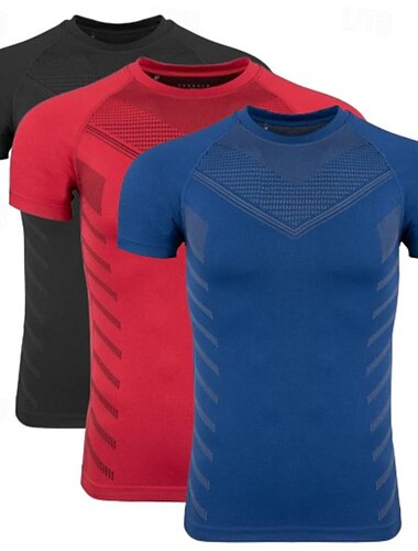  Homens camisa de ginástica Tops de fitness Camiseta esportiva Gola Redonda Manga Curta Esporte Casual / Diário Ginásio Secagem Rápida Respirável Macia 3 pacotes Bloco de cor Preto + vermelho + azul