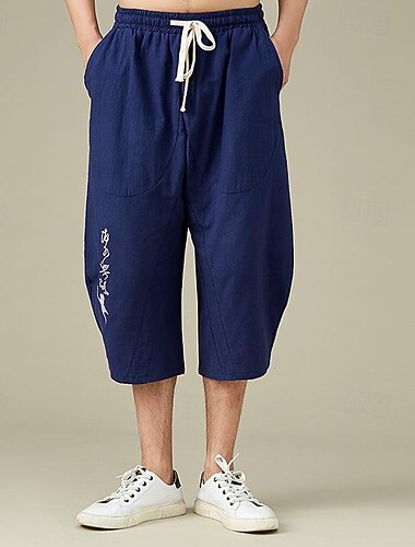  Hombre Pantalones de lino Pantalones de verano Pantalones de playa Bolsillo Correa Cintura elástica Bordado Comodidad Transpirable Medio corto Vacaciones Diario Festivos Hawaiano Boho Negro Blanco