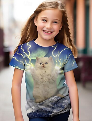  Mädchen 3D Katze T-Shirt Hemden Kurzarm 3D-Druck Sommer Aktiv Modisch Kuschelig Polyester kinderkleidung 3-12 Jahre Rundhalsausschnitt Outdoor Casual Täglich Regular Fit