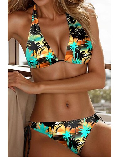  Dam Badkläder Bikini 2 st Baddräkt Öppen rygg Knyt bak Tropisk Halterneck Hawaiisk Stylish Baddräkter