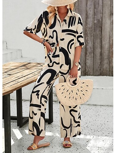  Women EU / US Size2 Pieces SetsFashion Daily Bolero Top Wide Leg Short Sleeve Shirt Collar Geometric Color Block Leaves Print Casual Daily Weekend Black Yellow Blue Spring & Summer Loose Fit