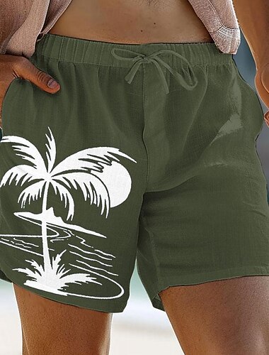  kokospalm bedrukt katoenen linnen herenshorts zomer Hawaiiaanse shorts strandshorts trekkoord elastische taille ademend zacht kort casual dagelijks vakantie streetwear kleding