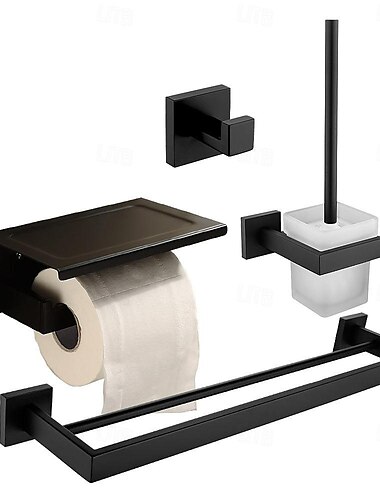  Wandmontiertes Badezimmerregal und Handtuchhalter-Set – Space-Organizer aus Aluminium für die Toilette – schwarzer Handtuchhalter für Badetücher, kein Bohren erforderlich