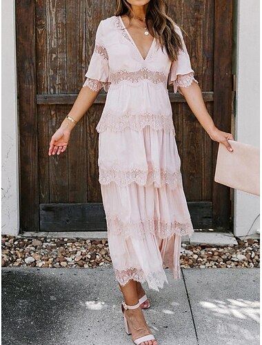  Damen Weißes Kleid kleid lang Spitze mit Hülse Hochzeit Verabredung Urlaub Elegant Böhmen V Ausschnitt Halbe Ärmel Schwarz Rosa Farbe