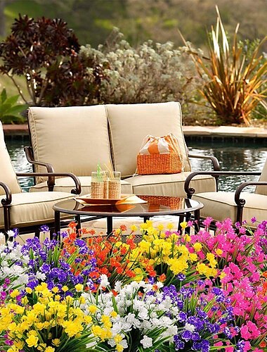  1 Bündel künstliche Blumen für den Außenbereich, künstliche Blumen für den Garten, Frühling, Gras, Tee, Dekoration für den Außenbereich, Trennvorhang, realistische Rose, perfekt für die Dekoration im