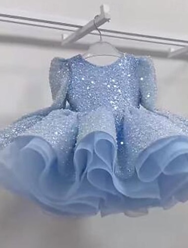  Παιδιά Κοριτσίστικα Φόρεμα για πάρτυ Συμπαγές Χρώμα Μακρυμάνικο Επίδοση Γάμου Δίχτυ Πριγκίπισσα Γλυκός Δίχτυ Μέχρι τη μέση της γάμπας