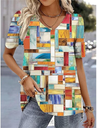  Damen T-Shirt Basic Streifenprint Kurzarm Normal Oberteile V-Ausschnitt Alltag Wochenende Grasgrün Schwarz Weiß Gelb Blau
