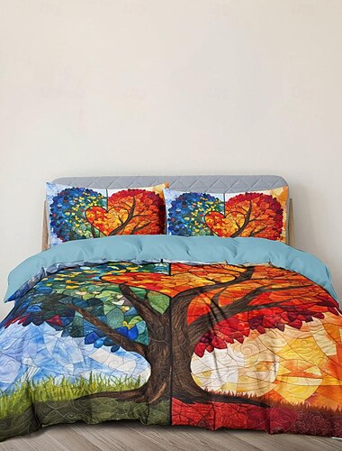 طقم غطاء لحاف بنمط شجرة الحياة طقم سرير ناعم من القطن الفاخر مكون من 3 قطع ديكور منزلي هدية غطاء لحاف مزدوج كامل بحجم كينج وملكة