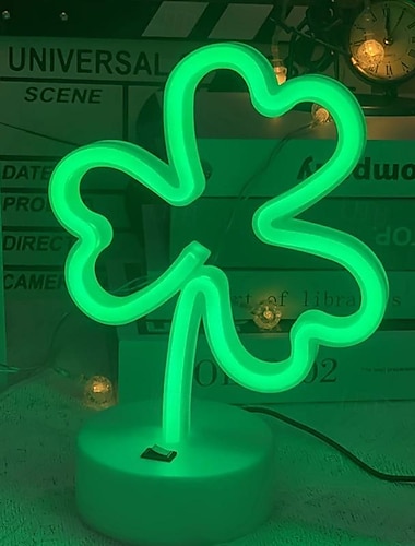  1 قطعة مصباح نيون ضوء البرسيم، شكل البرسيم LED مع قاعدة USB، ديكور أخضر LED يعمل بالبطارية، للغرفة والمكتب وشارع. زينة حفلة عيد القديس باتريك (أخضر)