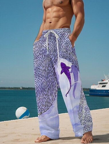  سراويل غير رسمية مطبوعة ثلاثية الأبعاد للرجال من Fish Ocean Holiday سراويل فضفاضة بقصة مستقيمة وخصر مرن ورباط بوليستر صيفي للشاطئ من S إلى 3XL