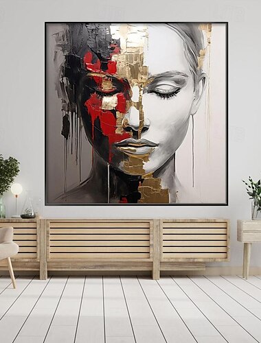 رسمت باليد صورة امرأة الذهب ورقة محكم اللوحة اليدوية فتاة الوجه مجردة النفط اللوحة جدار ديكور غرفة المعيشة مكتب جدار الفن ديكور المنزل إطار ممتد جاهز للتعليق
