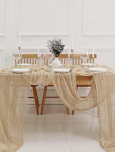  Chemin de table bohème en étamine long chemin de table romantique en gaze pour mariages, fêtes prénuptiales, fêtes prénatales, Thanksgiving, anniversaires, salle à manger, commode, fête des pères,